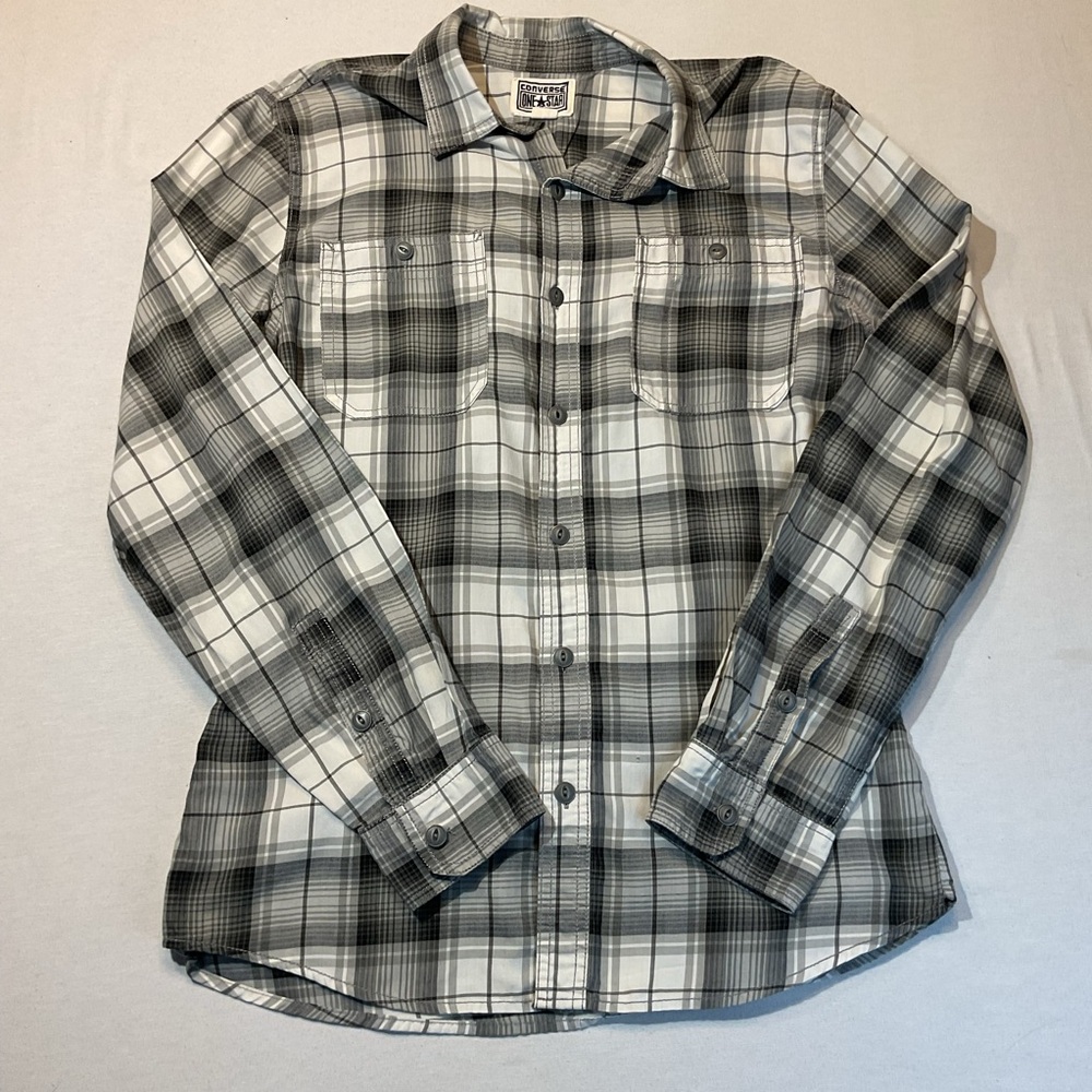 Converse Mens Black Gray & White‎ Plaid Long Sleeve Button Up, Size M Collar